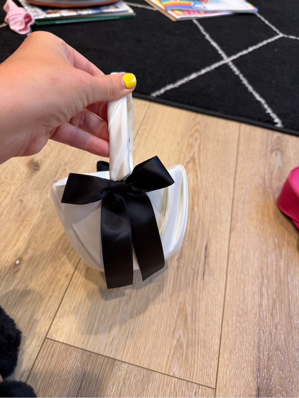 Flower girl White Satin Basket with Black Bow
